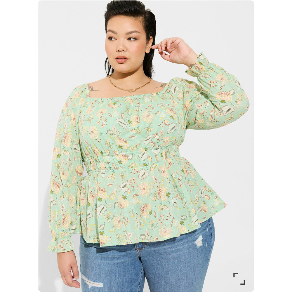 Torrid Top Women Plus 4X Blouse Cottage Boho Floral Summer Office Regency Green - Picture 2 of 12